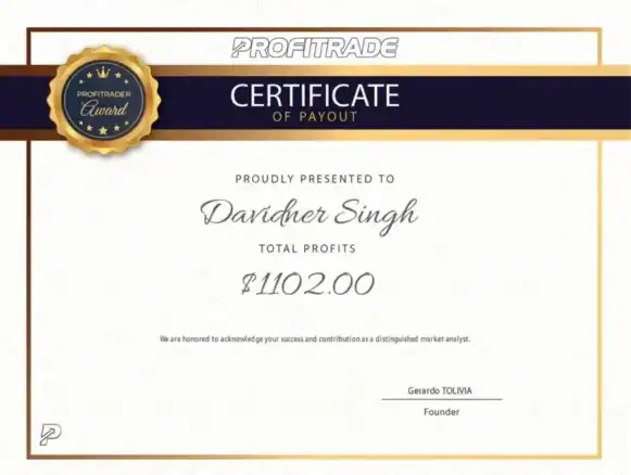 Profittrade certificate of payout awarded to Dardher Singh for ₹1102.00.