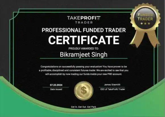 Advanced Trading Certificate for Bikramjeet Singh from TakeProfit Trader, demonstrating professional.