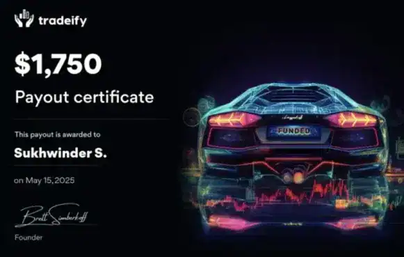 $1,750 payout certificate for Sukhwinder S. from Tradeify, issued on May 15, 2025, featuring a futur.