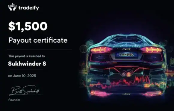 High-tech digital payout certificate featuring a futuristic car with neon lights and holographic eff.